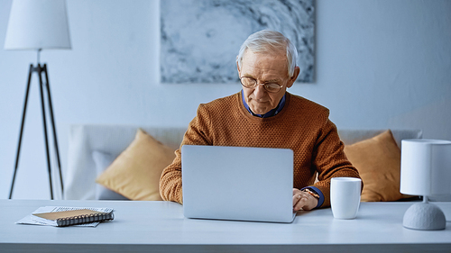 concentrated elderly man working on laptop in modern living room