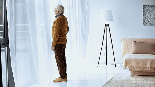 profile view of elderly man standing near window in modern living room