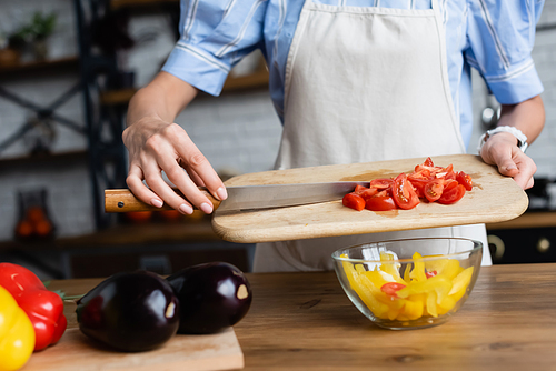 partial view of young adult woman putting sliced cherry tomatoes into vegetables salad in modern kitchen