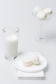 tasty macarons on plate near glass of milk on white