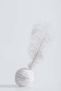 weightless and soft feather near ball of thread isolated on white