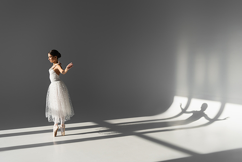 Side view of brunette ballerina dancing on grey background with shadow