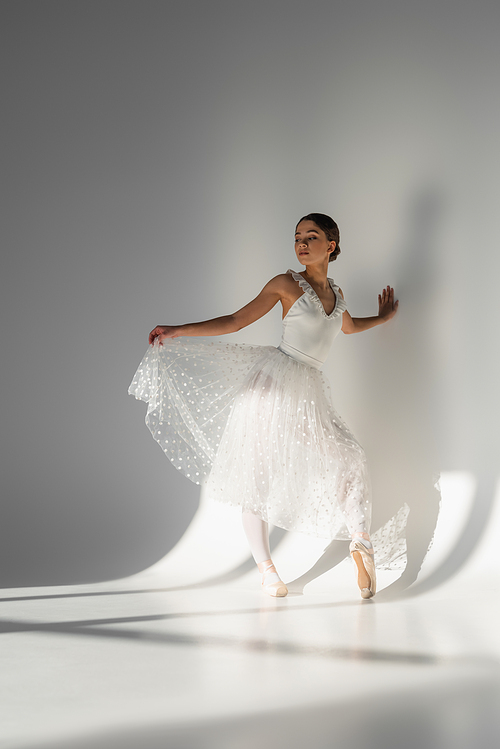 Professional ballerina holding skirt on grey background with shadow