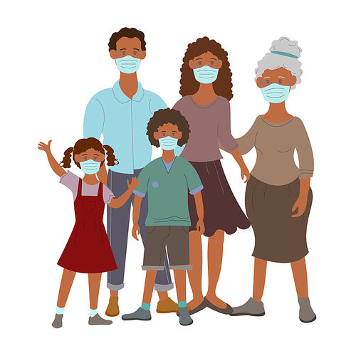 vector coronavirus icons with african american family in medical masks on white