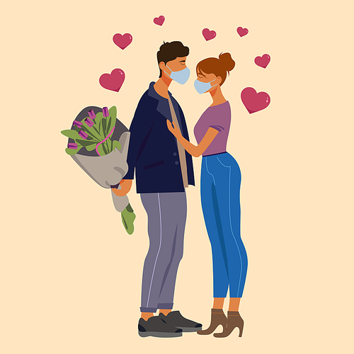 man holding flowers near woman in medical mask, colorful vector illustration