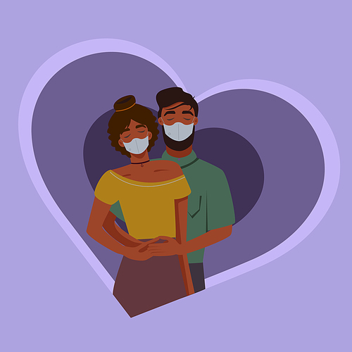 african american couple in medical masks hugging in purple heart, colorful vector illustration