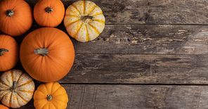 many orange pumpkins on wooden background ,  concept , top view with copy space