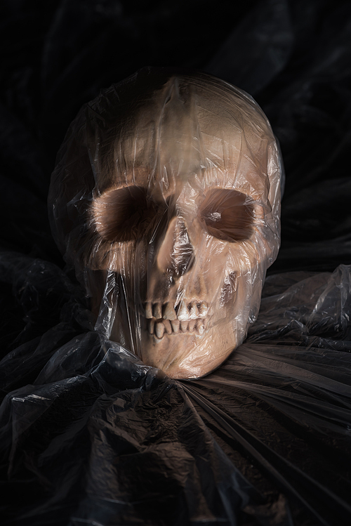 spooky human skull in cellophane on black background, Halloween decoration
