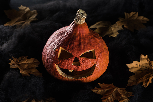 spooky carved Halloween pumpkin on black background with foliage