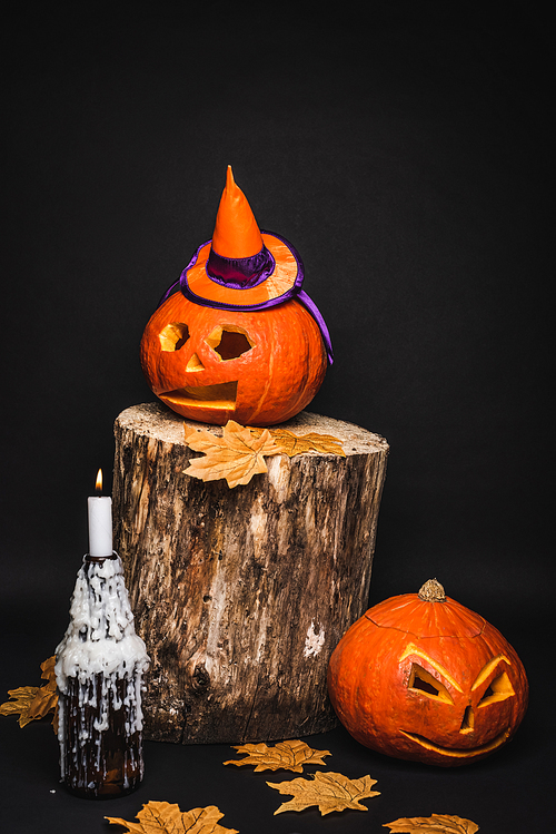 creepy and carved pumpkin in pointed hat on wooden stump and black background