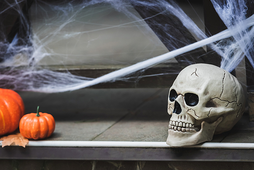 creepy skull and orange pumpkins near blurred spider net on house porch