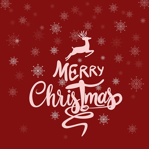 vector with merry christmas lettering snowflakes and deer on red
