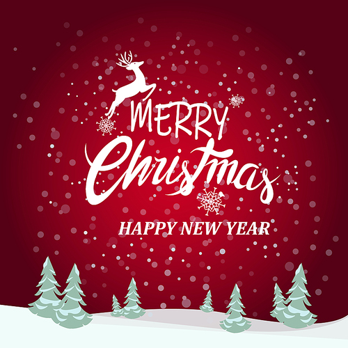 vector with merry christmas and happy new year lettering near deer and pines on red