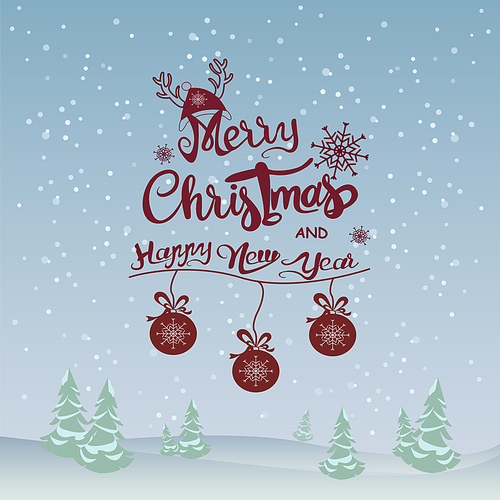 vector with merry christmas and happy new year lettering near christmas balls and falling snow on blue