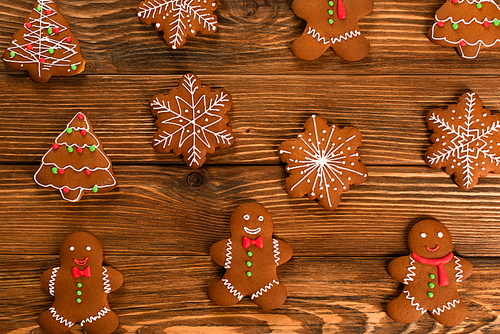 top view of gingerbread cookies on wooden surface