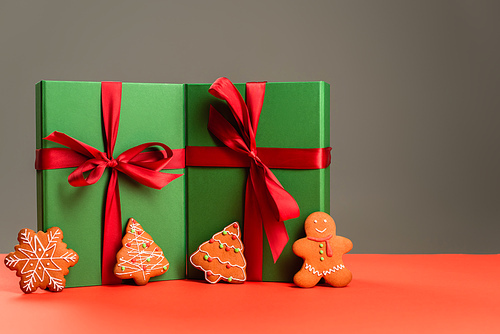gingerbread cookies near green wrapped presents isolated on grey