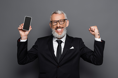 cheerful middle aged businessman holding cellphone with blank screen on grey