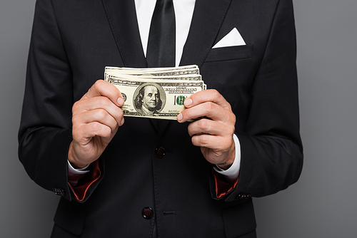 cropped view of middle aged businessman holding dollar banknotes isolated on grey