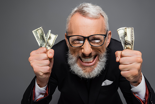 happy middle aged businessman in glasses holding dollar banknotes and grinning isolated on grey