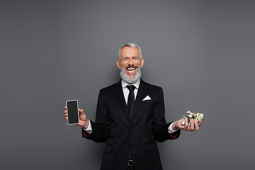 joyful middle aged businessman holding dollar banknotes and smartphone with blank screen on grey
