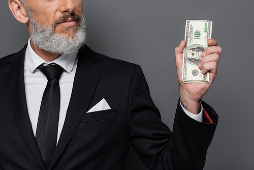 cropped view of tattooed middle aged businessman holding dollar banknotes isolated on grey