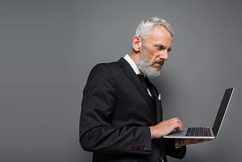 middle aged businessman in suit using laptop with blank screen isolated on grey