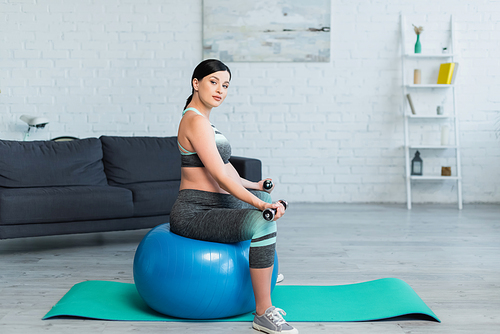 pretty pregnant woman  while sitting on fitness ball at home