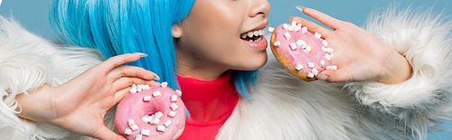 Cropped view of smiling woman in fluffy jacket holding donuts isolated on blue, banner