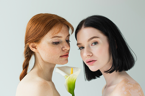 Body positive women with naked shoulders holding calla flower isolated on grey