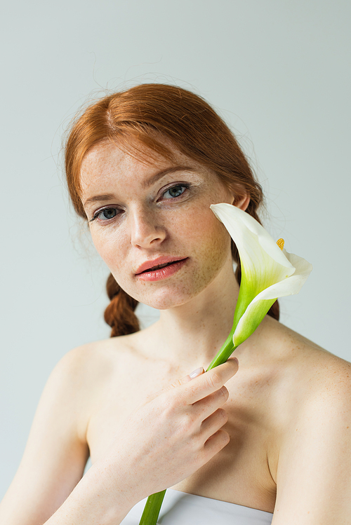 Freckled woman holding calla lily and  isolated on grey