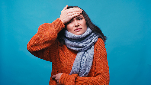 thick and displeased woman in warm jumper touching forehead isolated on blue