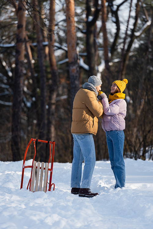 Cheerful couple in gloves holding hands near sled in winter park