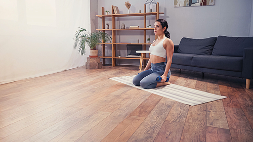 Brunette sportswoman with dumbbell sitting on fitness mat in living room