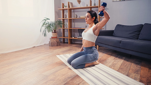 Pretty sportswoman working out with dumbbell at home