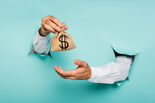 partial view of man holding money bag with dollar sign through holes in paper wall on blue