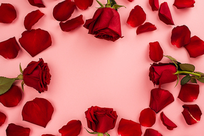 flat lay of red frame with rose petals on pink