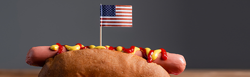 delicious hot dog with small usa flag isolated on grey, banner