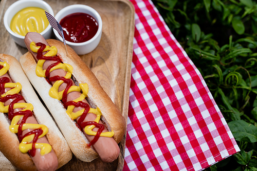 wooden tray with hot dogs, ketchup and mustard on table napkin and green grass