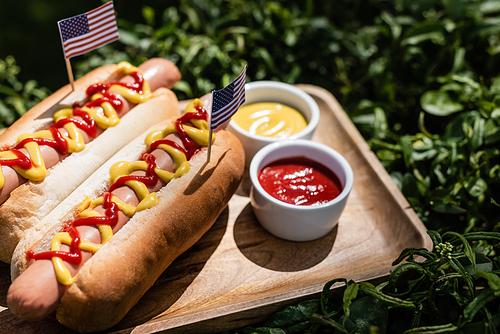 hot dogs with small usa flags near ketchup and mustard on wooden tray and green grass