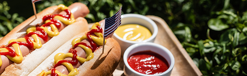 hot dogs with small usa flag near bowls with ketchup and mustard on green lawn, banner