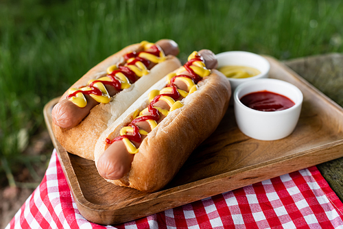 wooden tray with sauce bowls and testy hot dogs on checkered table napkin outdoors