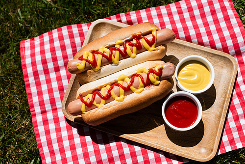 top view of plaid napkin and wooden tray with hot dogs and sauce bowls on green lawn