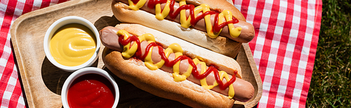 top view of wooden tray with hot dogs and sauces on plaid table napkin and green grass, banner