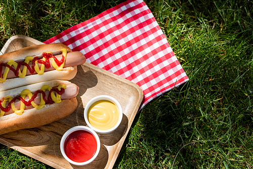 top view of hot dogs near sauces and plaid table napkin on green lawn