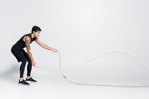 Side view of athletic sportsman holding battle ropes during cross training on grey background