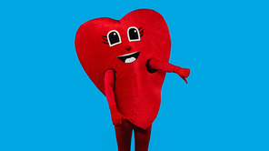 person in red heart costume showing thumb down isolated on blue