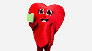 person in red heart costume holding digital tablet with green screen isolated on white