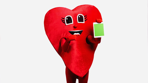 person in red heart costume pointing at digital tablet with green screen isolated on white
