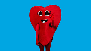 person in happy heart costume showing okay isolated on blue