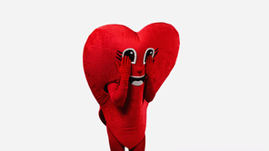 person in heart-shaped costume touching cartoon eyes while imitating crying isolated on white